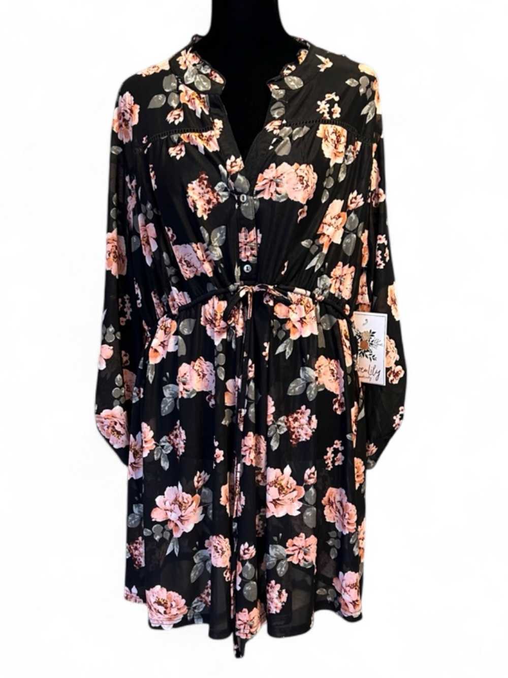 Siren Liky Maternity Black Floral Tie-Waist Button-Front Dress 2X, Long Sleeve